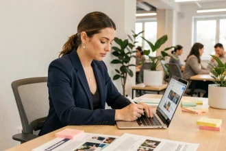 Femme professionnelle consultant un blog de tendances sur ordinateur portable dans un bureau moderne