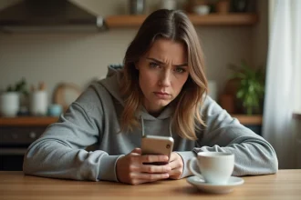 Femme bloquée sur un mot de passe dans un jeu de mots sur smartphone, assise à une table en bois dans une cuisine chaleureuse