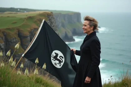 Femme bretonne avec drapeau sur côte rocheuse