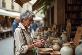 Femme parcourant les étals d'une brocante en plein air dans une ville de Meurthe-et-Moselle, examinant une pièce ancienne