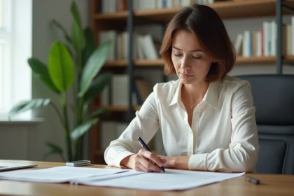 Femme d'âge moyen concentrée à son bureau professionnel