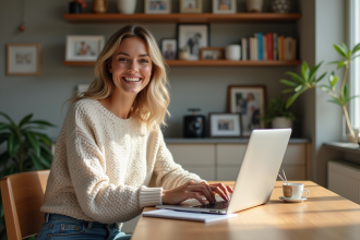 Femme souriante travaillant à la maison dans un intérieur cosy