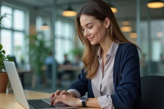 Jeune femme au bureau regardant sa montre et son écran