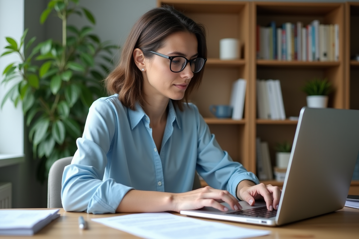 Femme concentrée travaillant sur son ordinateur dans un bureau lumineux