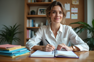 Femme organisée dans son bureau à domicile en train de planifier