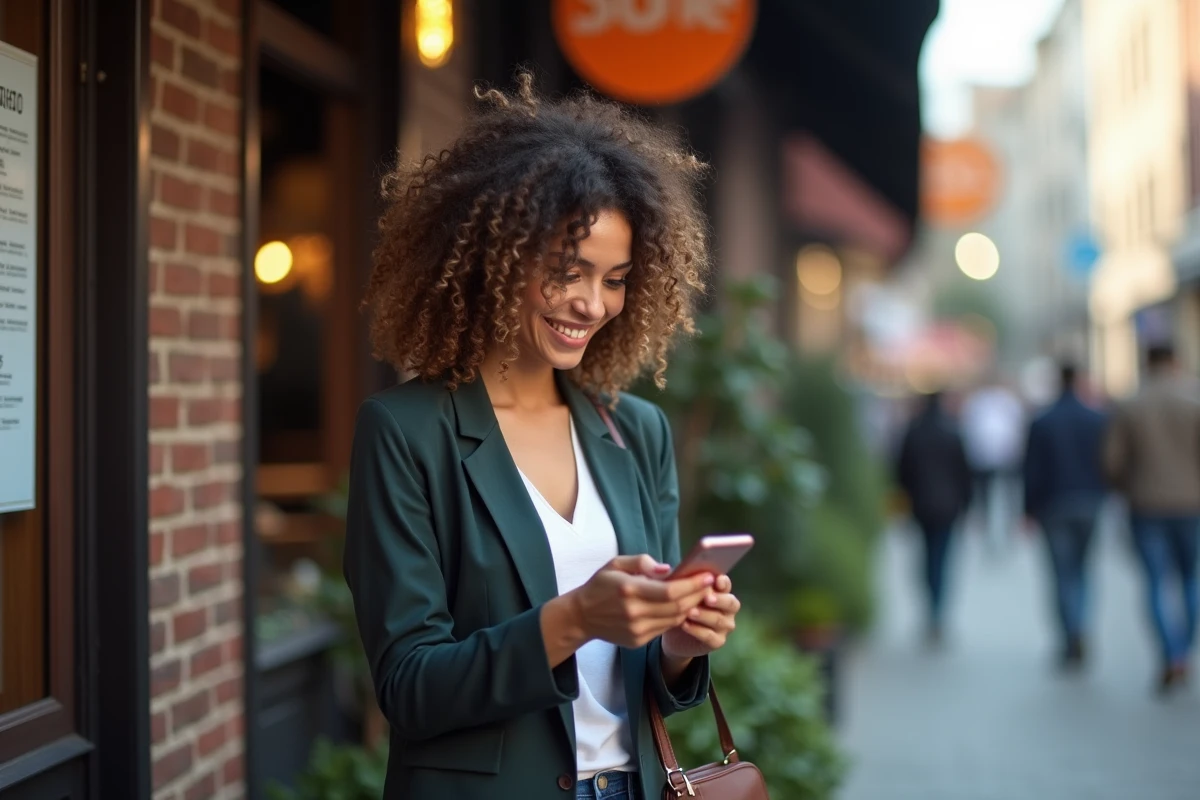 Femme souriante vérifiant les avis de restaurant sur son téléphone dehors