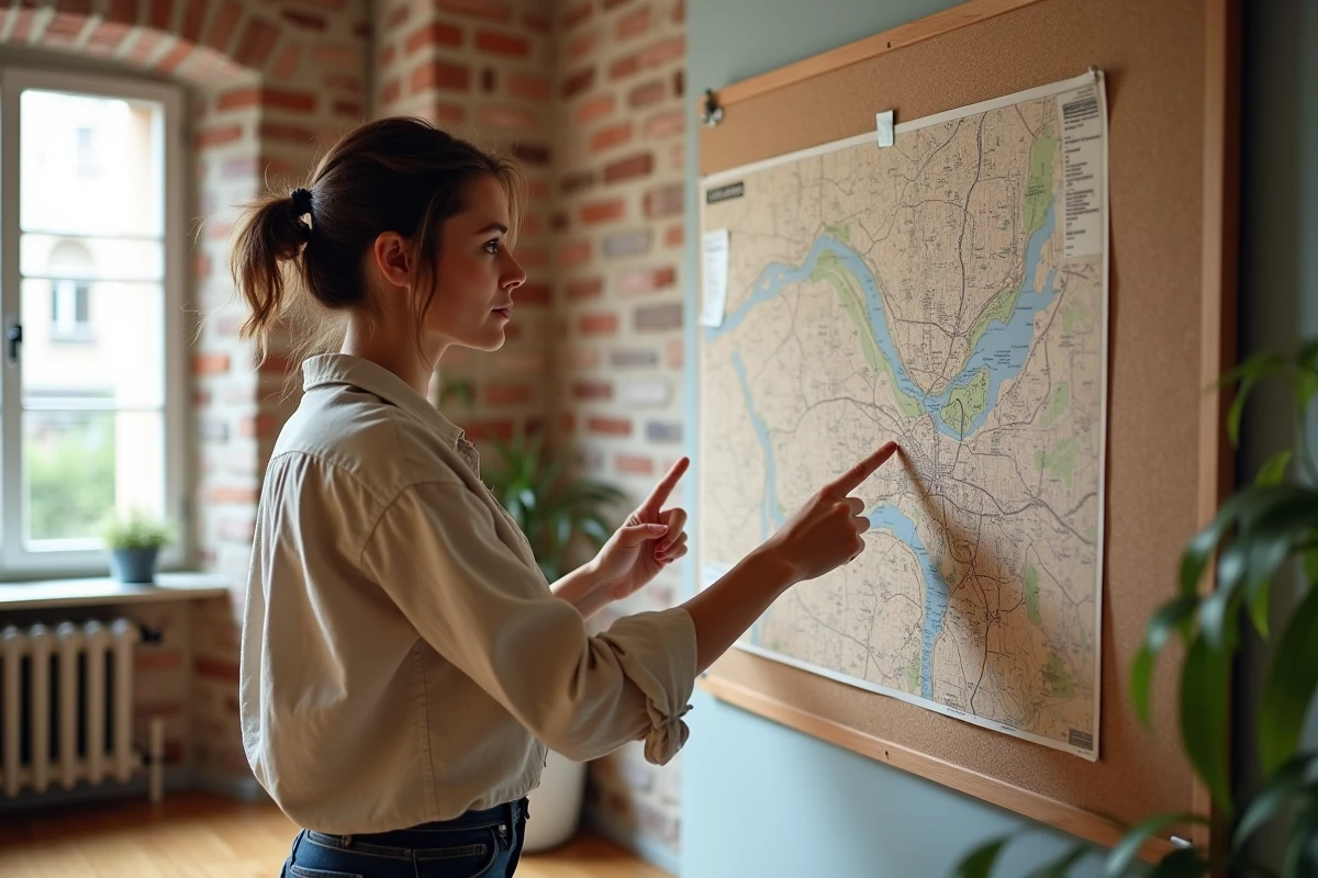 Femme consultant une carte de Toulouse en haute résolution affichée sur un tableau en liège dans un appartement français