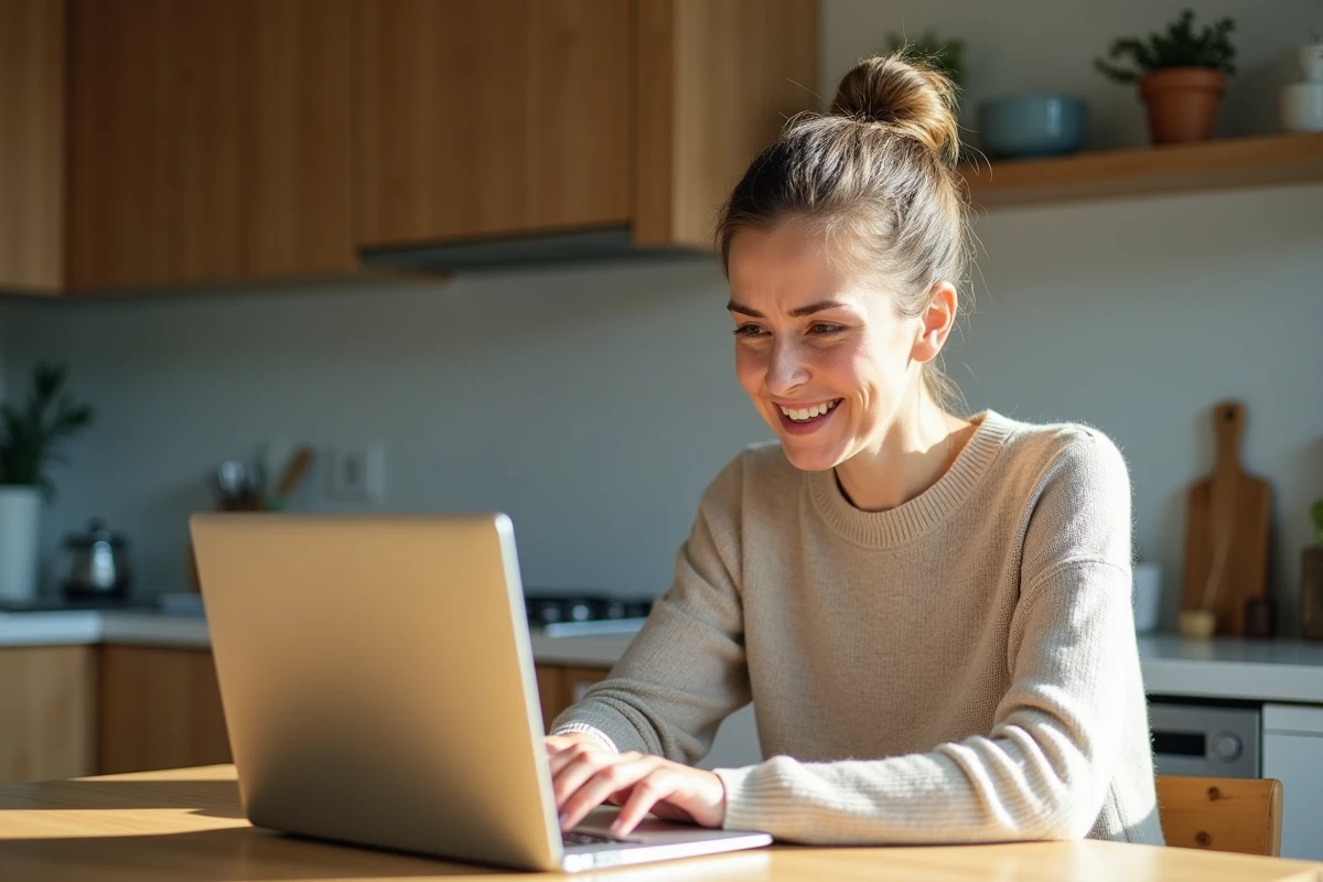 Femme assise à une table de cuisine moderne avec un ordinateur portable, expression frustrée