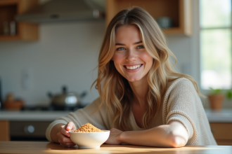 Jeune femme aux cheveux brillants souriant avec levure de bière