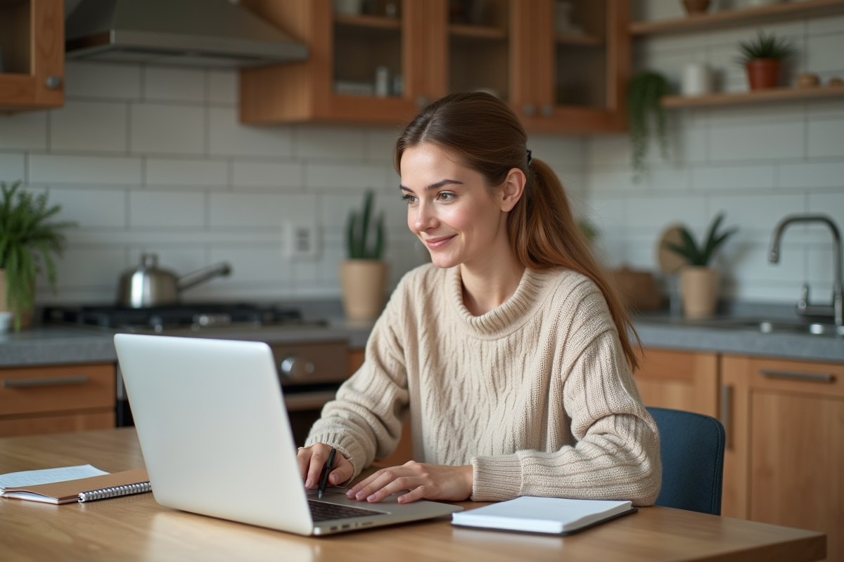 Jeune femme comparant offres d assurance Piwi 50 à la maison