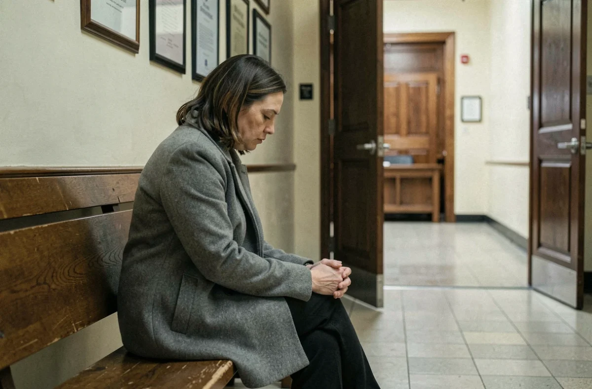 Femme assise seule dans un couloir de palais de justice, illustrant l'attente et la tension liées à une procédure judiciaire pour mesure d'éloignement
