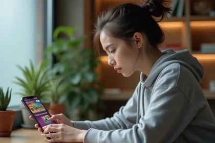 Jeune femme utilisant des coupons sur un jeu mobile pour optimiser ses gains en ligne