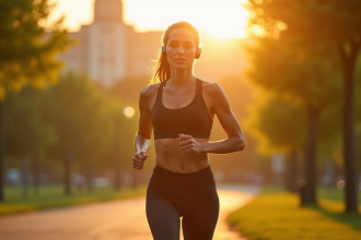 Femme courant dans un parc au lever du soleil avec écouteurs sans fil
