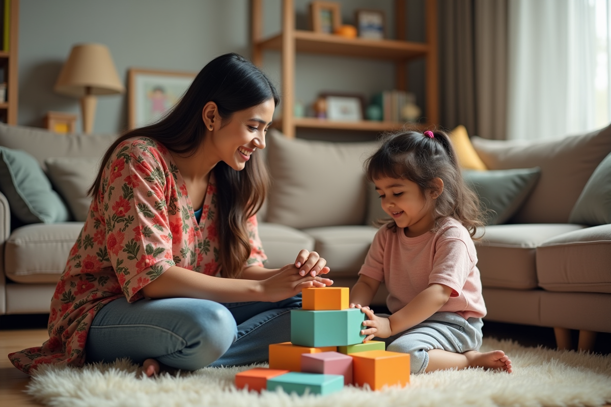 Femme indienne souriante joue avec une jeune fille dans le salon