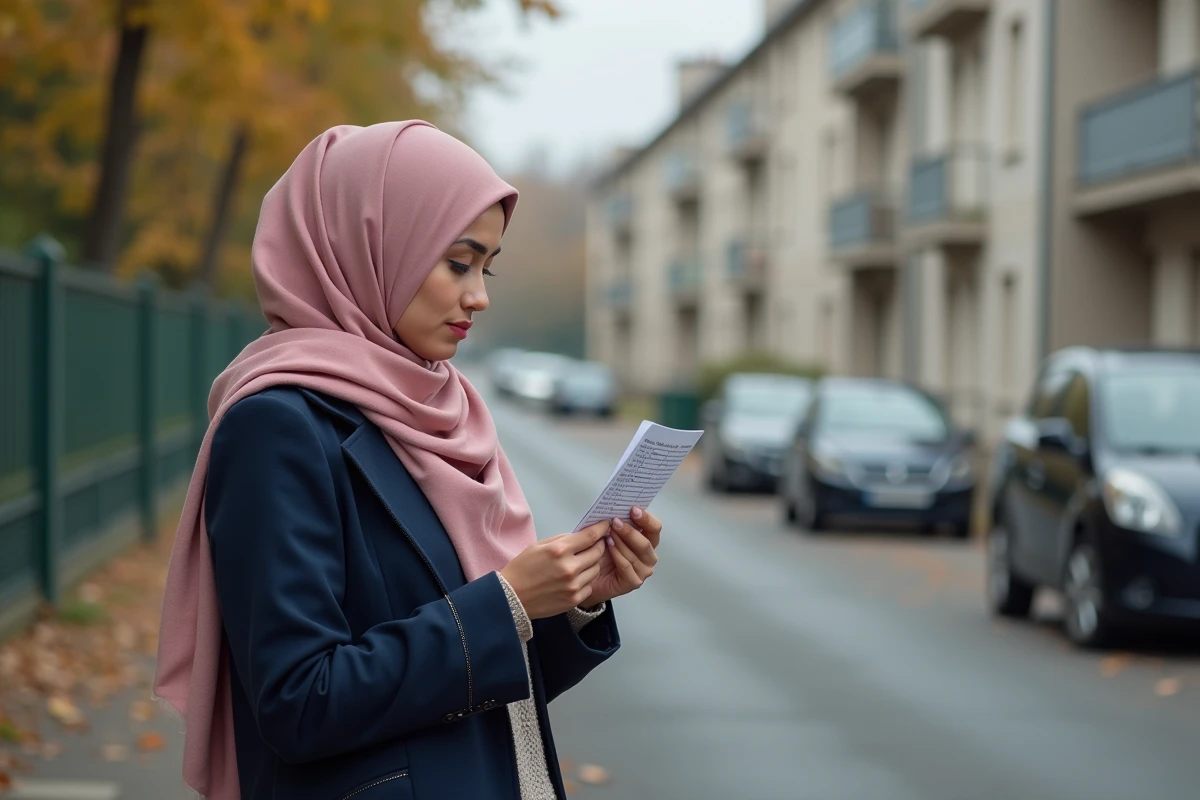 Femme en hijab consultant un calendrier de prière dans une rue de Mantes-la-Jolie