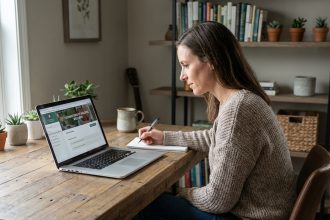 Femme concentrée travaillant sur un cours de bien-être à son bureau