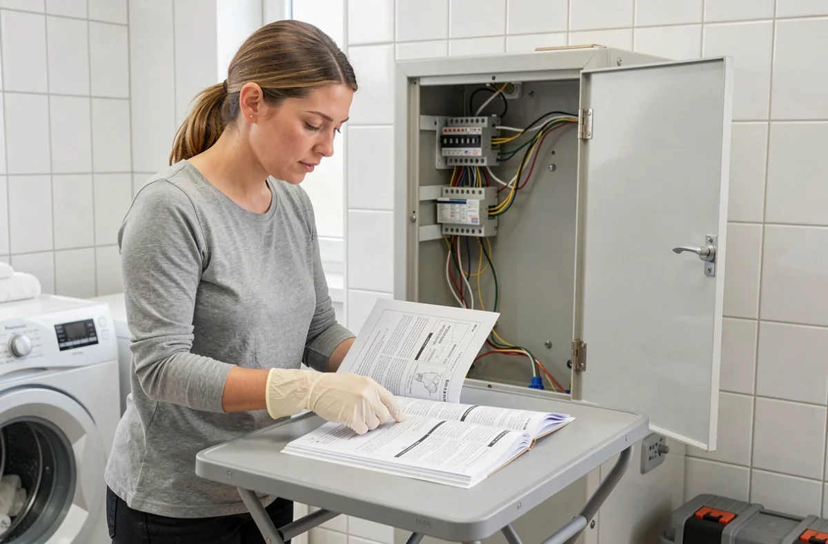 Femme consultant un manuel d'installation d'un relais temporisé dans une buanderie