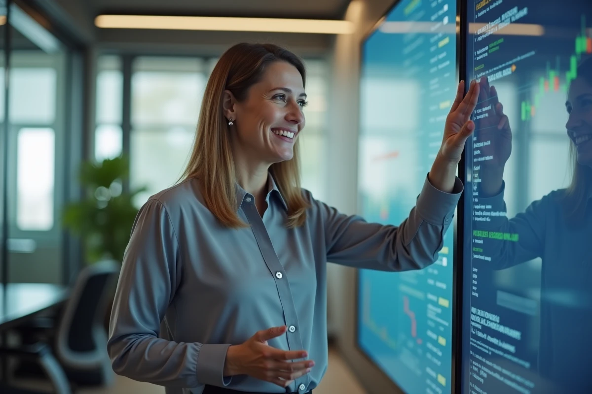 Femme investisseuse souriante présentant des données sur un écran