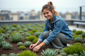Jeune femme plantant des succulentes sur un toit à Paris