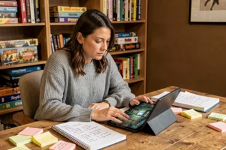 Femme jouant à un jeu d'évasion de pièces sur tablette avec des notes de solutions écrites sur un bureau en bois