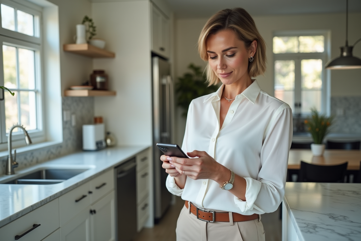 Femme dans la cuisine utilisant une application WiFi sur son smartphone