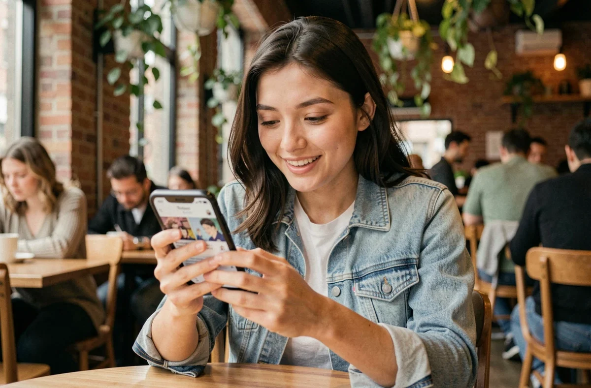 Jeune femme parcourant une application de webtoon sur smartphone dans un café branché