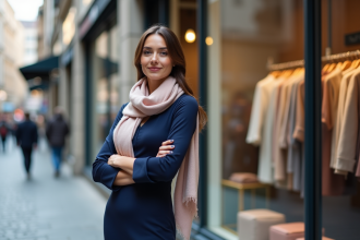 Femme élégante en robe bleue dans une boutique urbaine