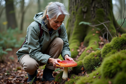 Femme méditative examinant un crêtedecoq en forêt