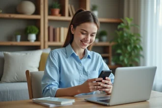 Jeune femme souriante avec smartphone dans un intérieur cosy
