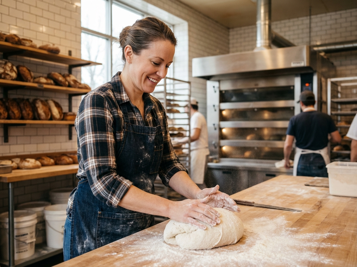 Femme souriante en cuisine façonne la pâte dans une boulangerie