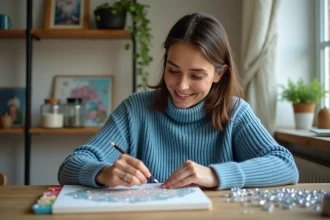 Femme concentrée réalisant une peinture de diamants dans son atelier
