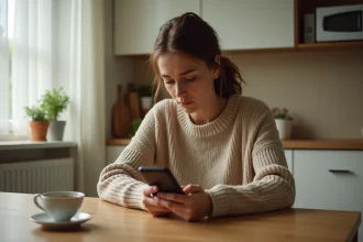 Femme pensive qui vérifie son téléphone à la cuisine, questionnant les sentiments de son partenaire