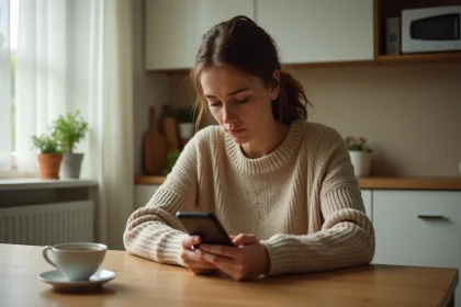 Femme pensive qui vérifie son téléphone à la cuisine, questionnant les sentiments de son partenaire
