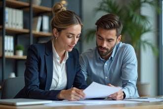 Femme professionnelle en réunion de bureau avec un collègue