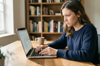 Femme rédigeant une lettre de résiliation d'abonnement sur son ordinateur portable dans un bureau à domicile