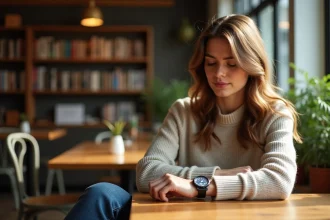 Femme regardant sa montre dans un café chaleureux