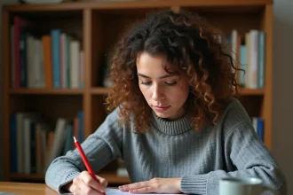Femme relisant un document en français avec un stylo rouge, illustrant les questions de grammaire et d'écriture inclusive
