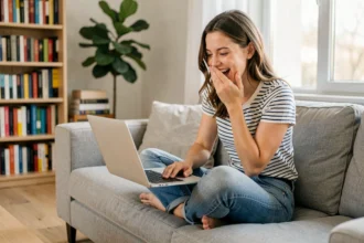 Jeune femme riant devant son ordinateur portable sur un canapé moderne, illustrant la découverte d'un site d'actualité divertissant comme Koi de neuf