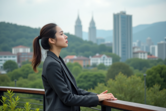 Femme en costume contemplant la ville et la nature