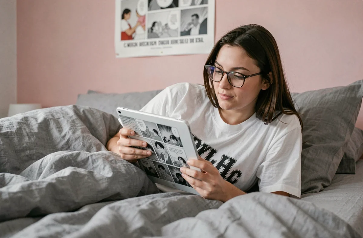 Jeune femme parcourant un chapitre de scan One Piece en VF sur une tablette dans sa chambre