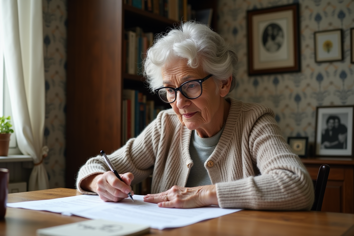 Femme senior lisant des documents dans un appartement cozy