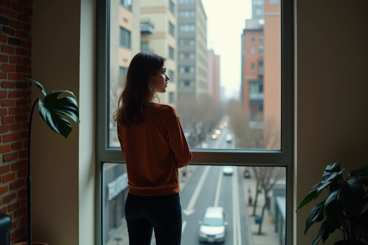 Femme seule regardant par la fenêtre, perdue dans ses pensées sur son couple et la confiance en son partenaire