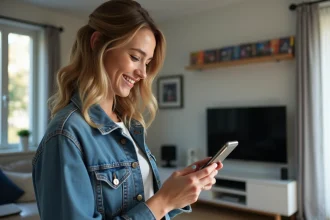 Jeune femme souriante avec smartphone et Battlefield 6