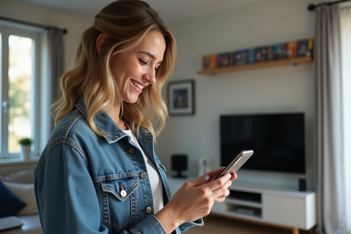 Jeune femme souriante avec smartphone et Battlefield 6