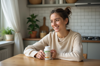 Femme souriante tenant des compléments herbes dans sa cuisine