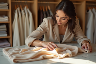 Femme élégante touchant des textiles de luxe dans une boutique