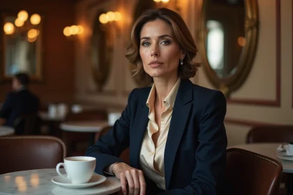 Femme élégante et discrète attablée dans un café parisien, illustrant la personnalité réservée de la compagne de Thomas Dutronc