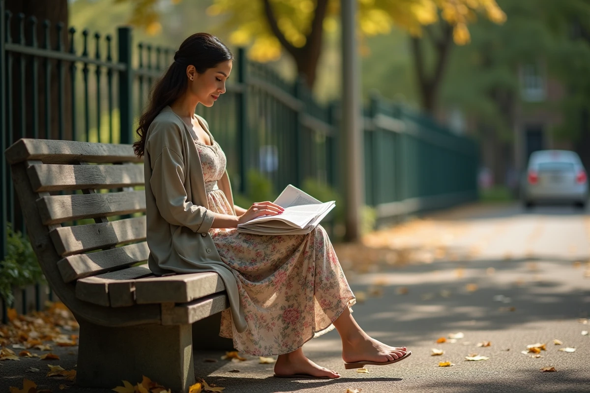 Femme pensive assise dans un jardin parisien en automne, reflet de la vie privée et discrète de la femme de Thomas Dutronc
