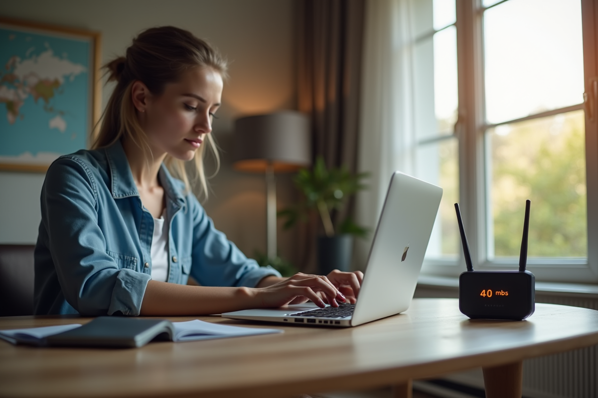 Femme concentrée travaillant à distance dans un bureau moderne
