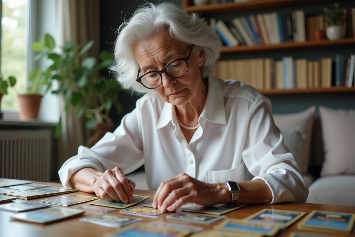 Femme trie des cartes Pokémon sur une table organisée